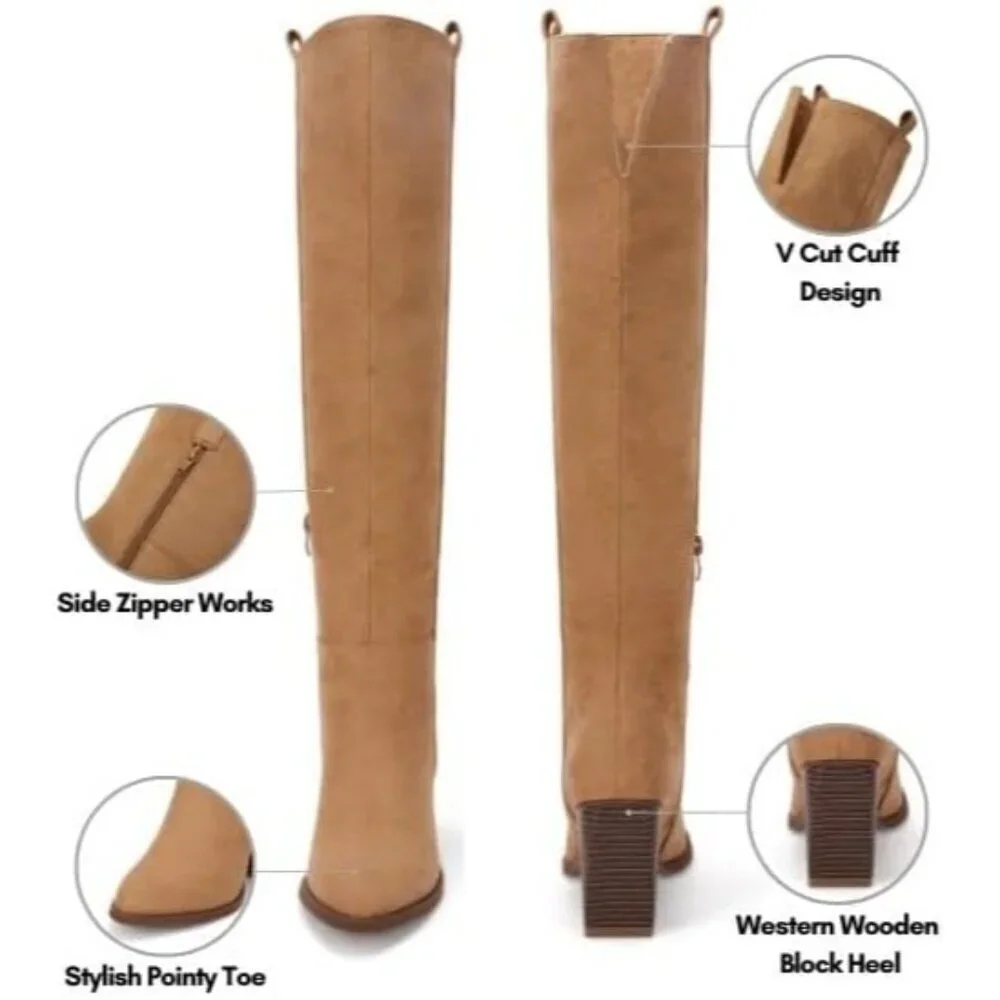 Womens Khaki Faux Suede Knee High Side Zipper Chunky Heel Winter Stretch Boots